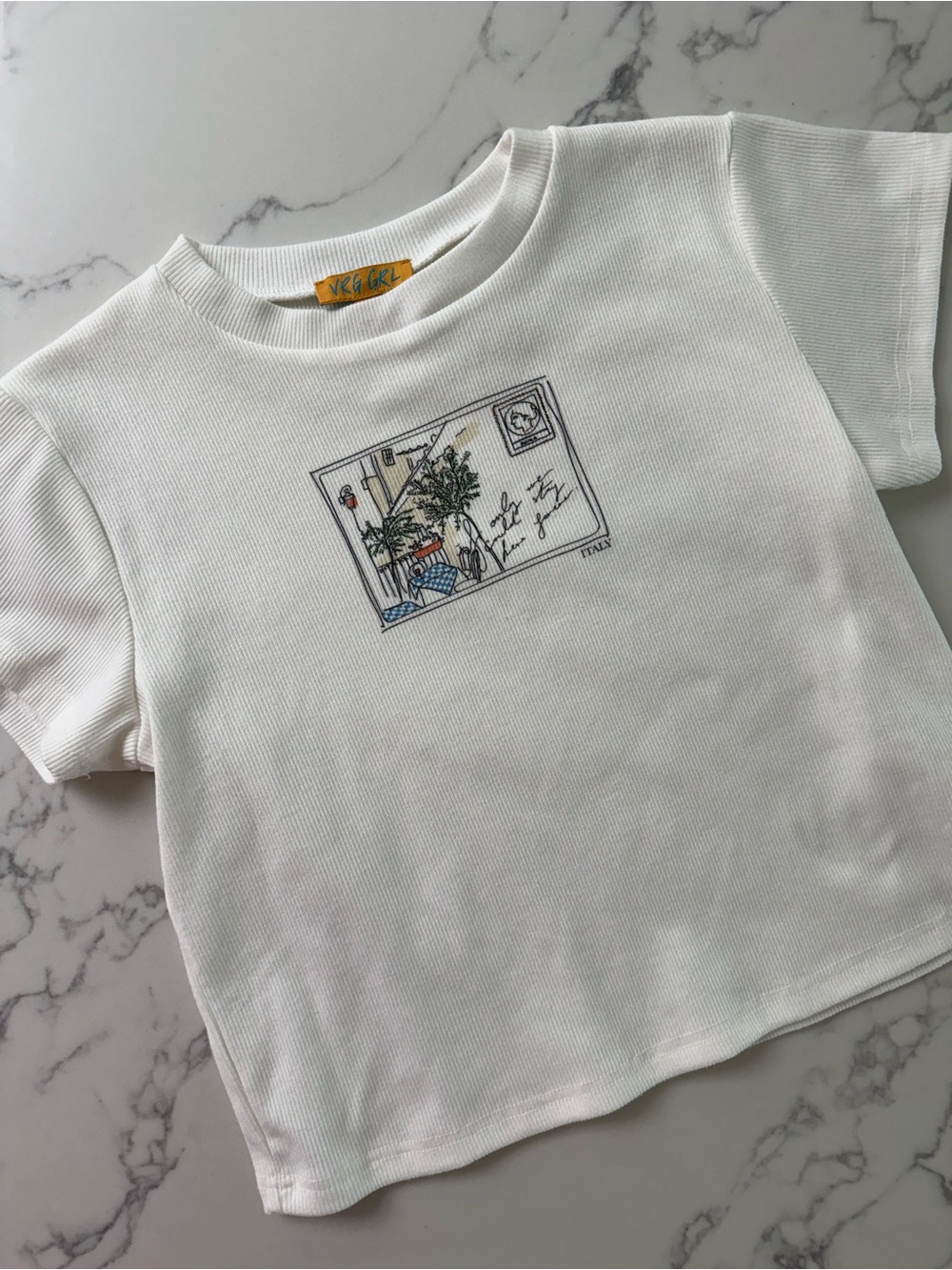 VRG GRL Postcard Ribbed Baby Tee - White - Size Large